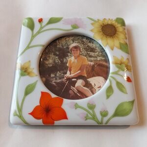 Vintage FF Spring Colors Floral Ceramic Picture Frame Sunflower Lily Square 5x5